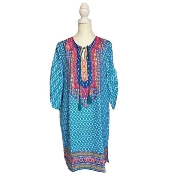 Urban Coco Other - Urban Coco Blue Multicolor Ruche Sleeve Swim Coverup Dress with Tassels Medium